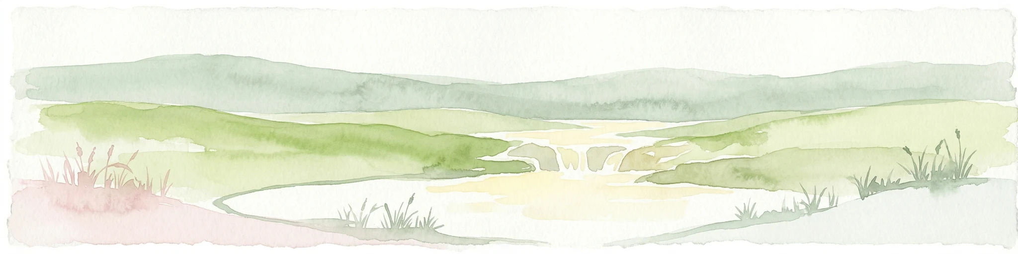 Pintura acuarela de colinas verdes, un arroyo y zonas de hierba