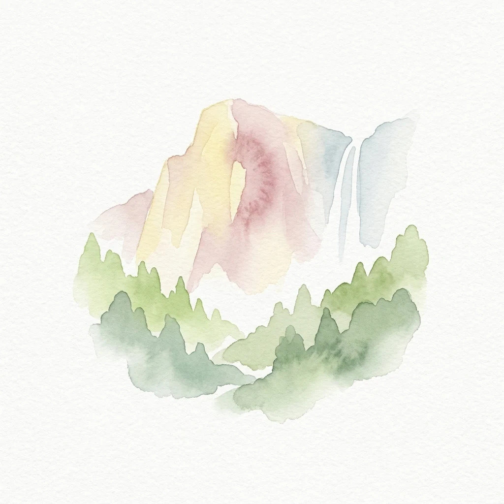 Watercolor painting showing a mountain with a waterfall and surrounding forest