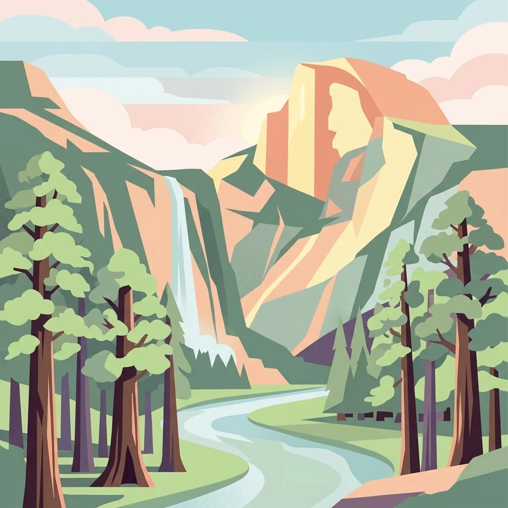 Stylized illustration of a mountain with a waterfall, forest, and river in a scenic landscape