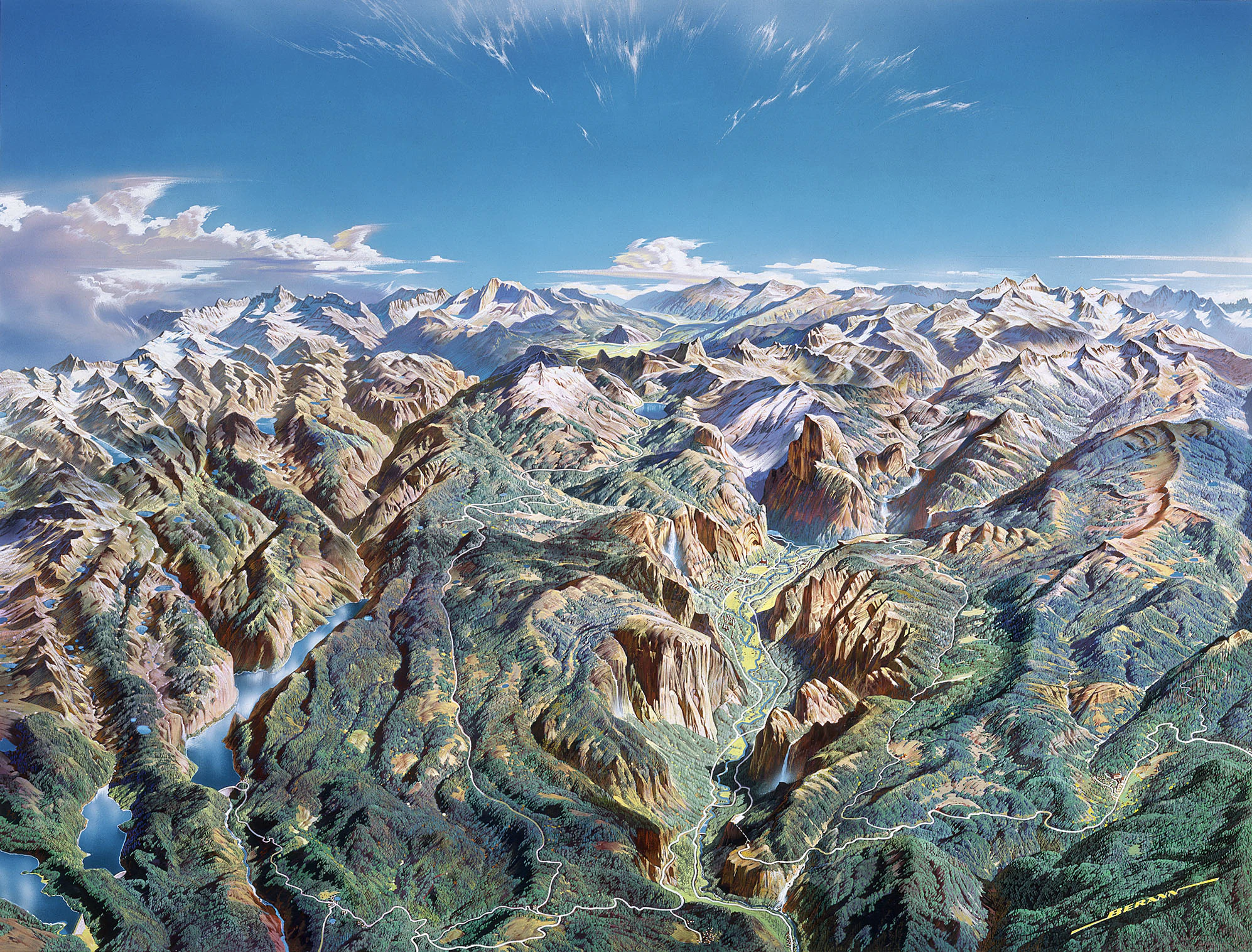 Panoramic illustration of Yosemite National Park featuring mountain ranges, valleys, rivers, and forests under a clear blue sky