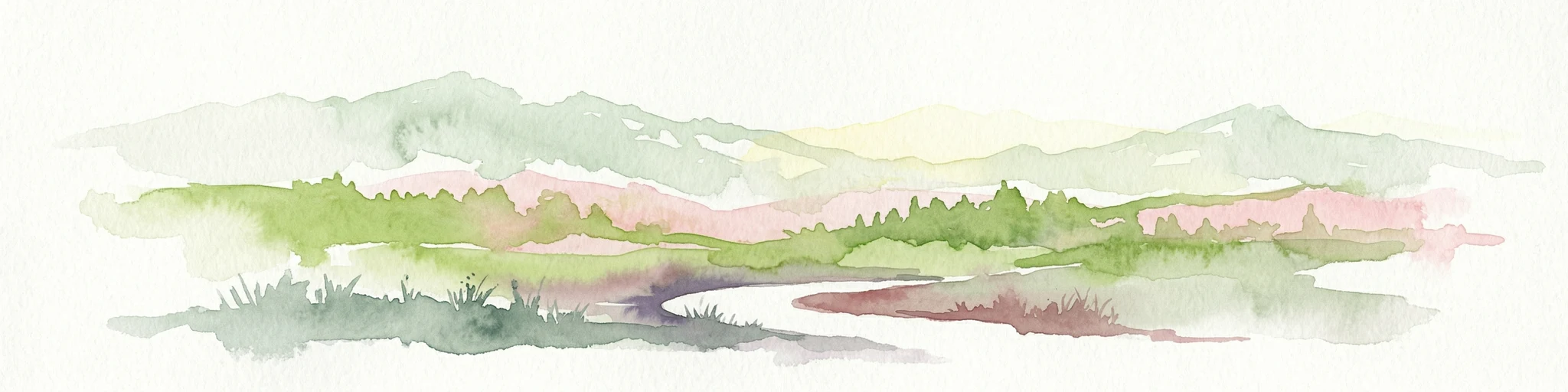 Pintura de acuarela que muestra montañas, un río sinuoso y bosques verdes en primer plano y fondo