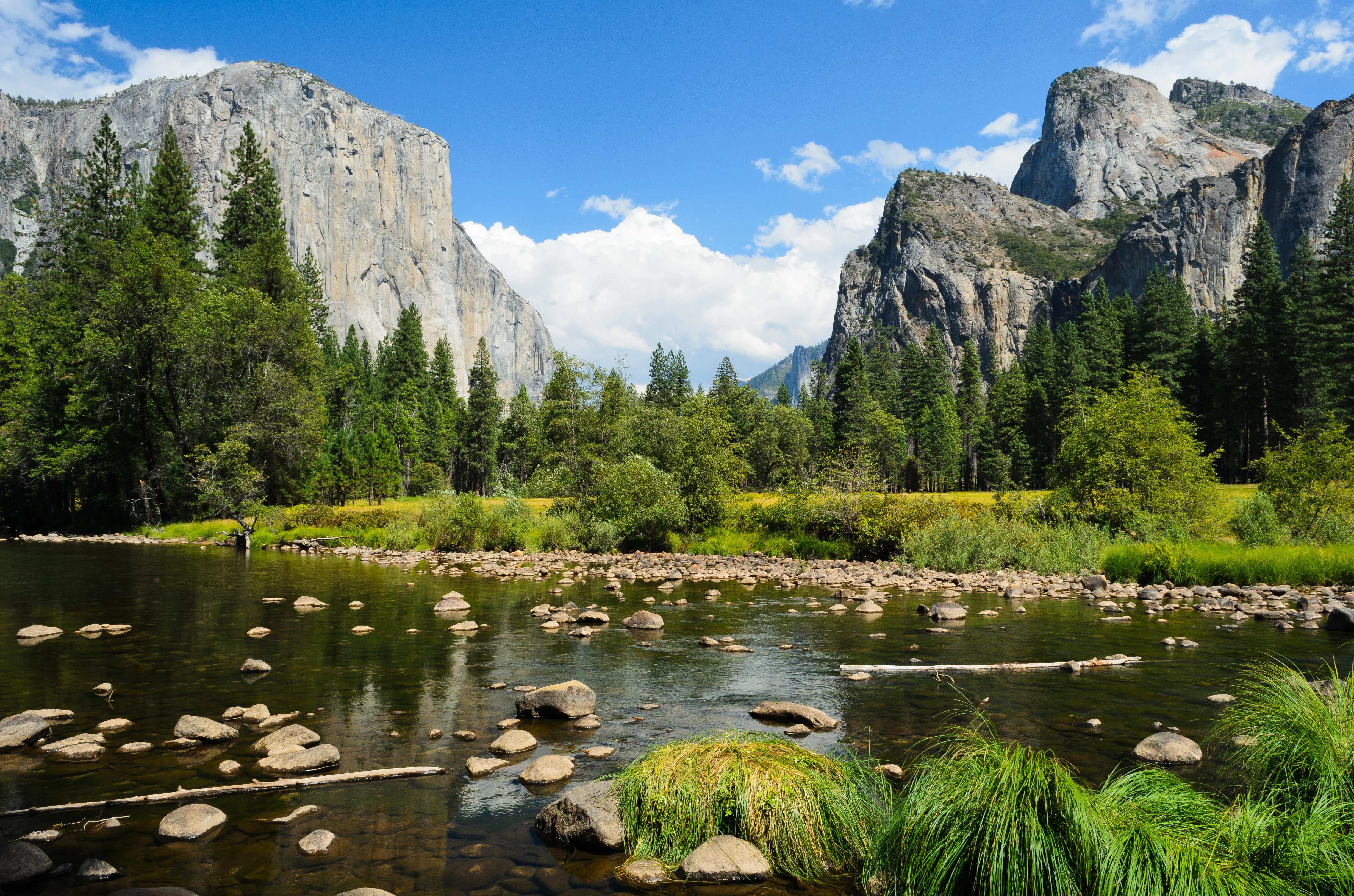 River with rocks and grass, surrounded by forested hills and granite cliffs under a blue sky with scattered clouds