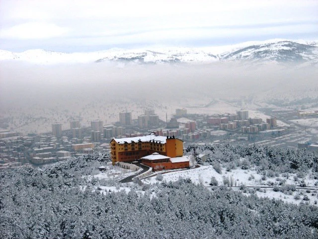 Snow-covered pine forest with a yellow building on a hilltop, distant city, and mountains with fog