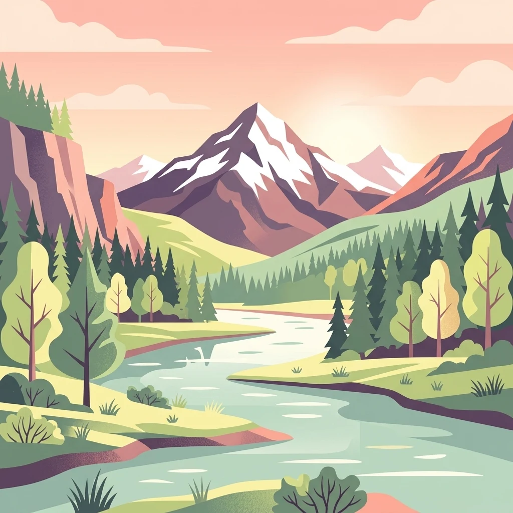 A flat-style digital illustration showing a winding river in the foreground leading into a lush valley surrounded by pine forests and snow-capped mountain peaks under a soft sunset sky.