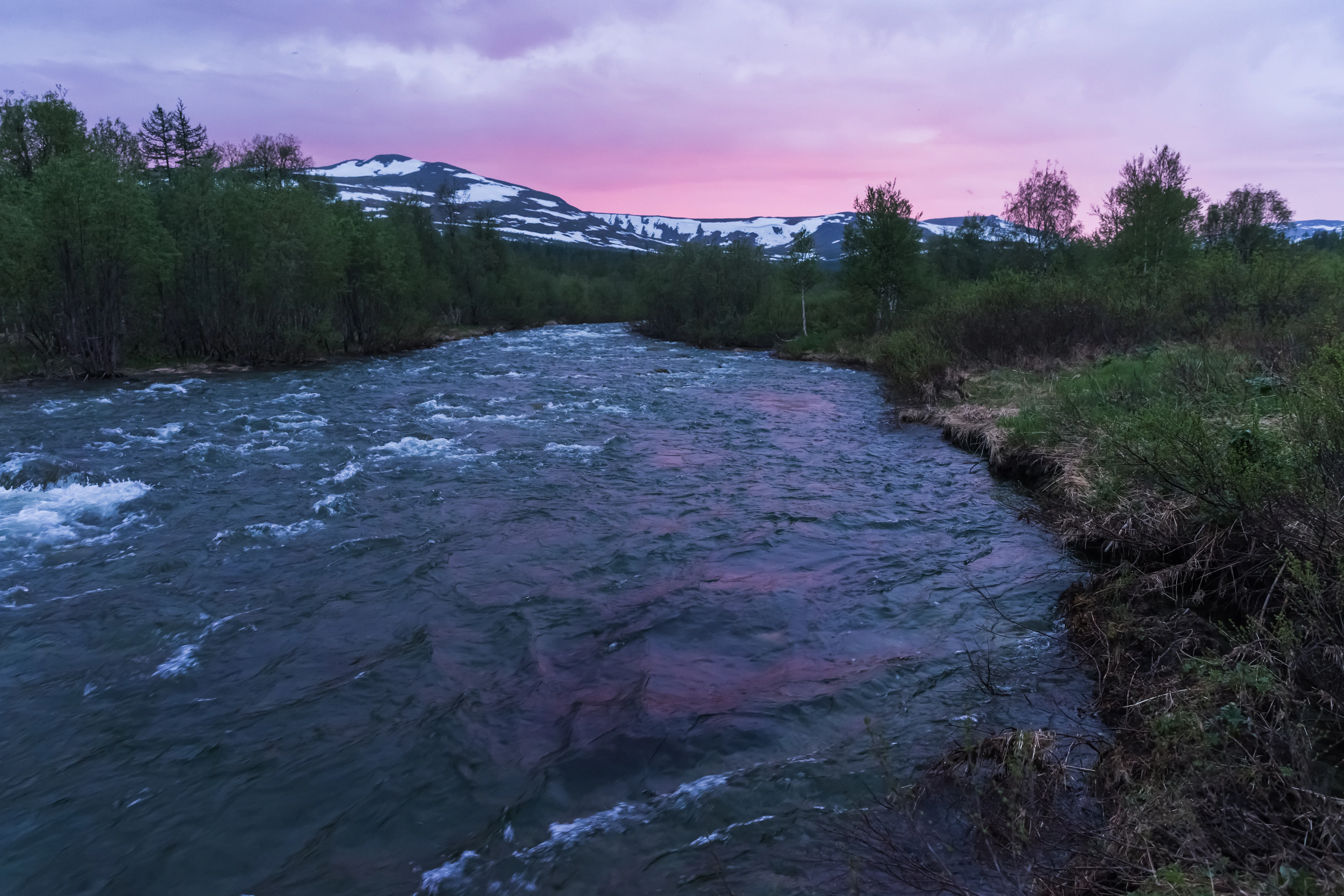 A rushing river flowing through a forested valley with snow-capped mountains in the distance under a pink and purple sunset sky.