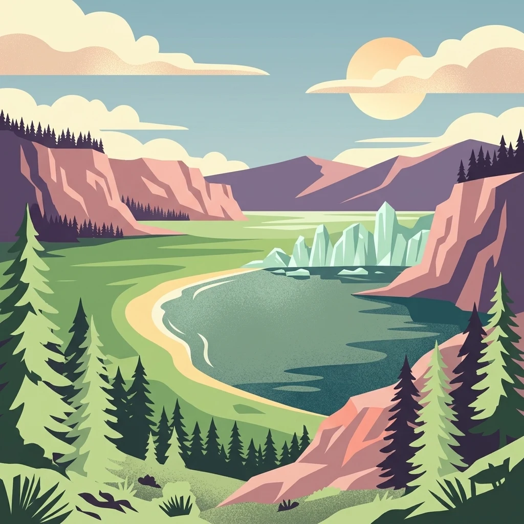 Una ilustración digital de una bahía pintoresca con una costa arenosa, bosques de pinos, acantilados rocosos elevados y formaciones irregulares de hielo o roca en el agua bajo un cielo soleado.