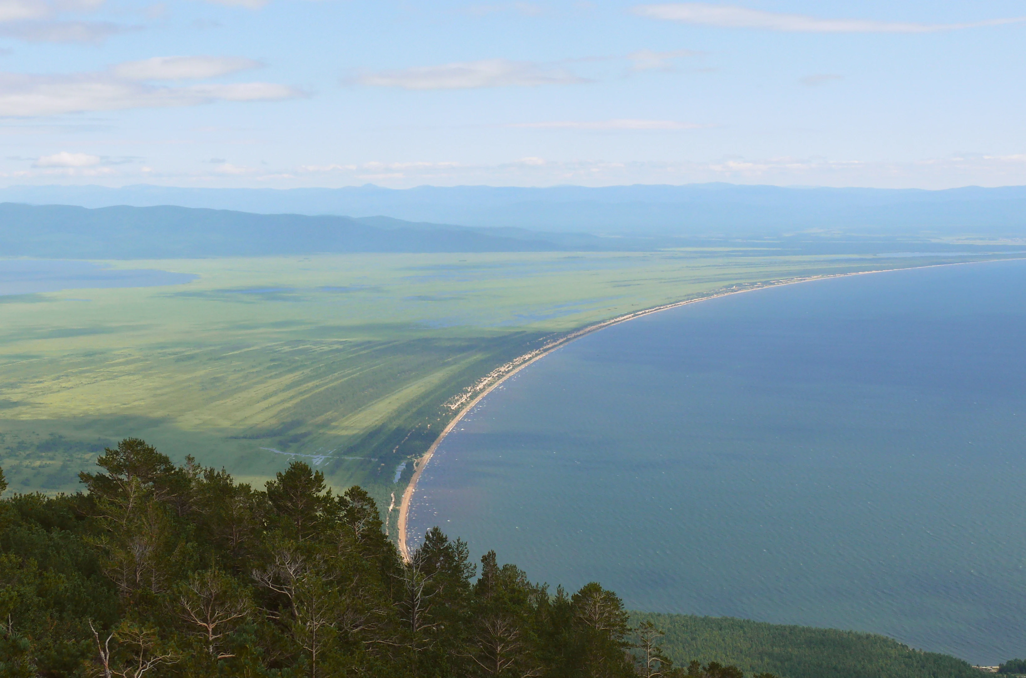 Una vista elevada y gran angular de una gran bahía azul que se encuentra con una costa arenosa; a la izquierda, una vasta llanura verde y plana se extiende, con un denso bosque en primer plano inmediato.