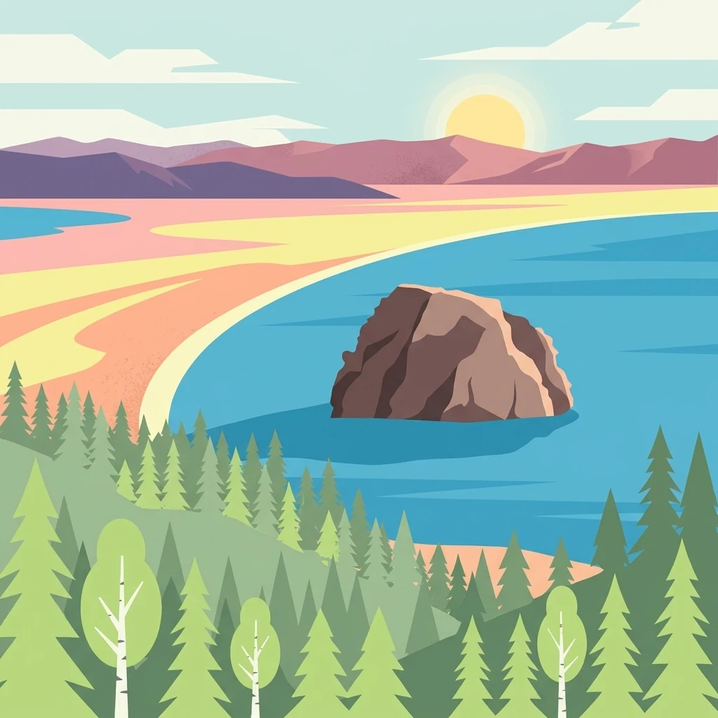 Una ilustración digital de estilo plano que muestra una vista de un lago azul con una prominente formación rocosa en el agua, una playa de arena y un bosque de coníferas en primer plano, con montañas y un amanecer a lo lejos.