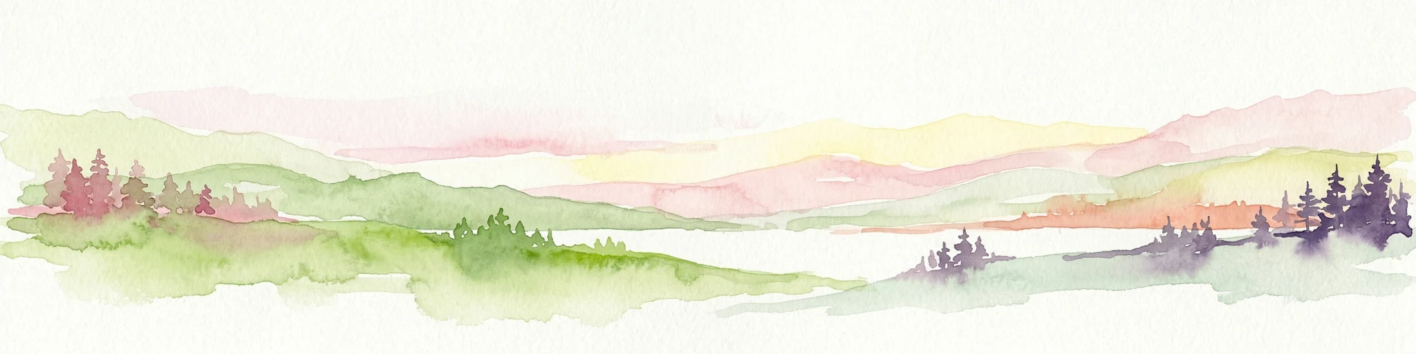 Pintura de acuarela que representa un lago con cordilleras, colinas verdes y árboles dispersos.