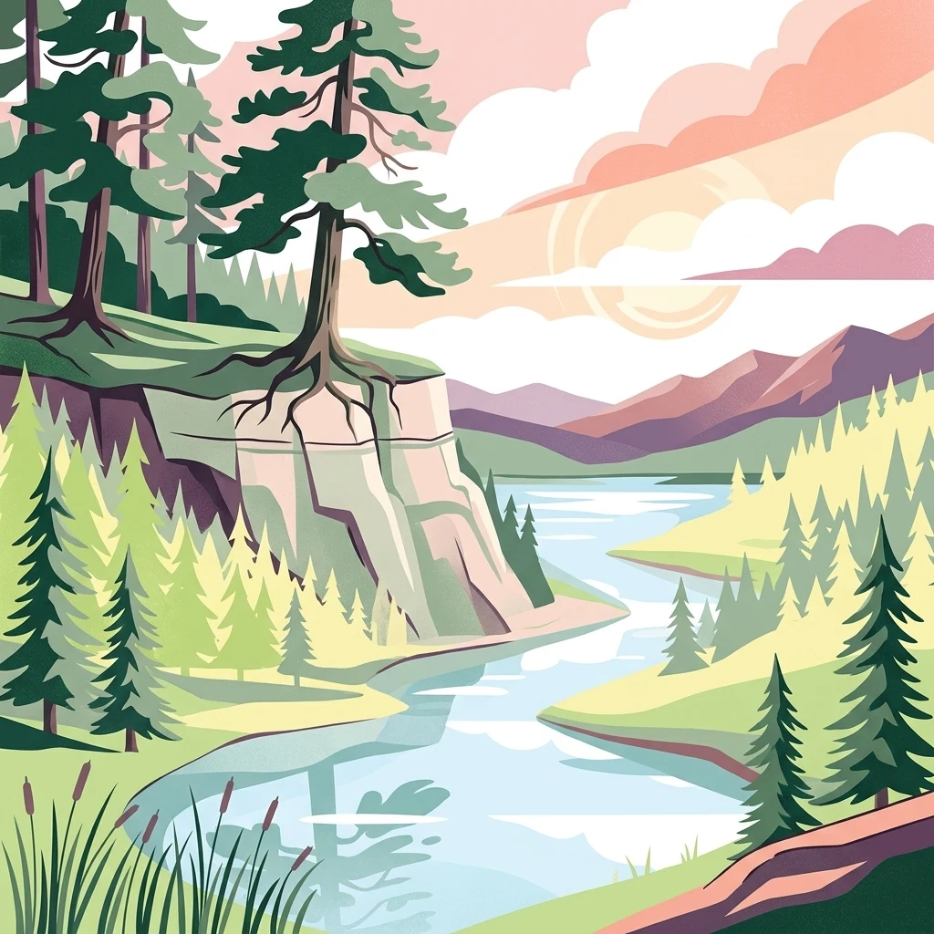 A stylized flat vector illustration of a river winding through a pine forest with steep bluffs and soft sunset colors.