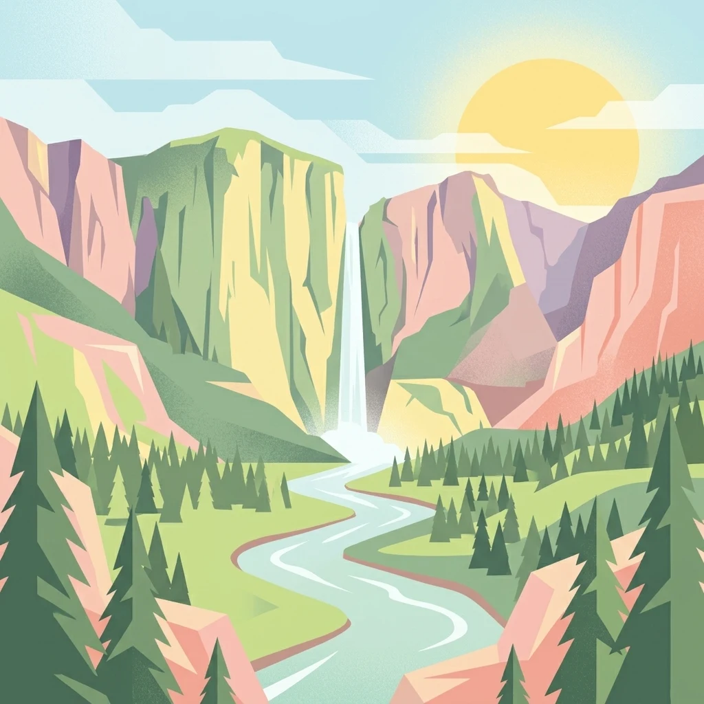 A flat vector illustration of a scenic valley featuring tall mountains, a prominent waterfall, a winding river, and a forest of evergreen trees under a bright sun.