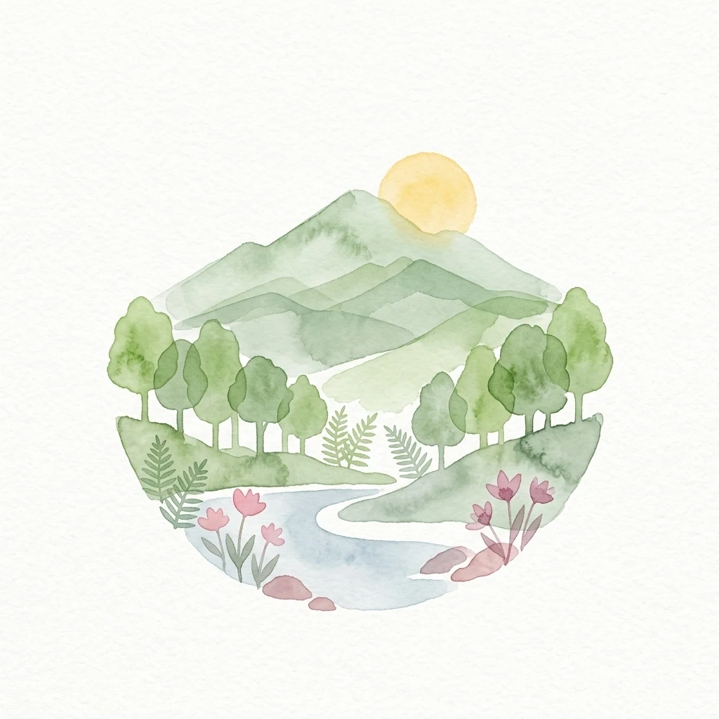 Pintura de acuarela que muestra una cordillera con un río serpenteante, árboles y flores bajo un sol