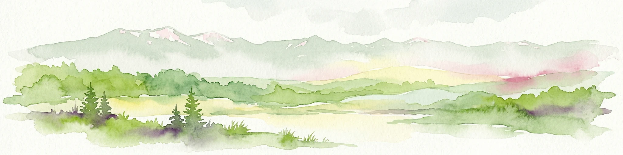 Pintura de acuarela de un paisaje montañoso con bosques verdes, un río y picos distantes