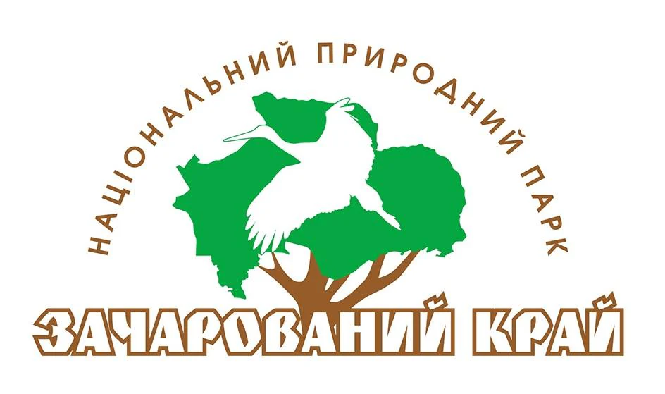 Green map outline of Ukraine with a white crane and tree, surrounded by text in Ukrainian and Russian reading 'National Nature Park' and 'Zacharovanyi Krai'