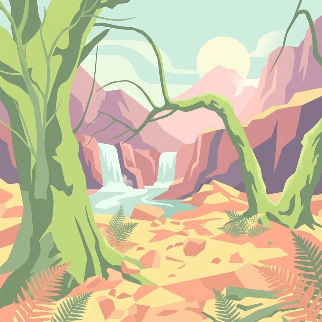 Stylized digital illustration showing a forest with large trees, ferns, rocky ground, and a small waterfall flowing between rocky hills under a pale sky.