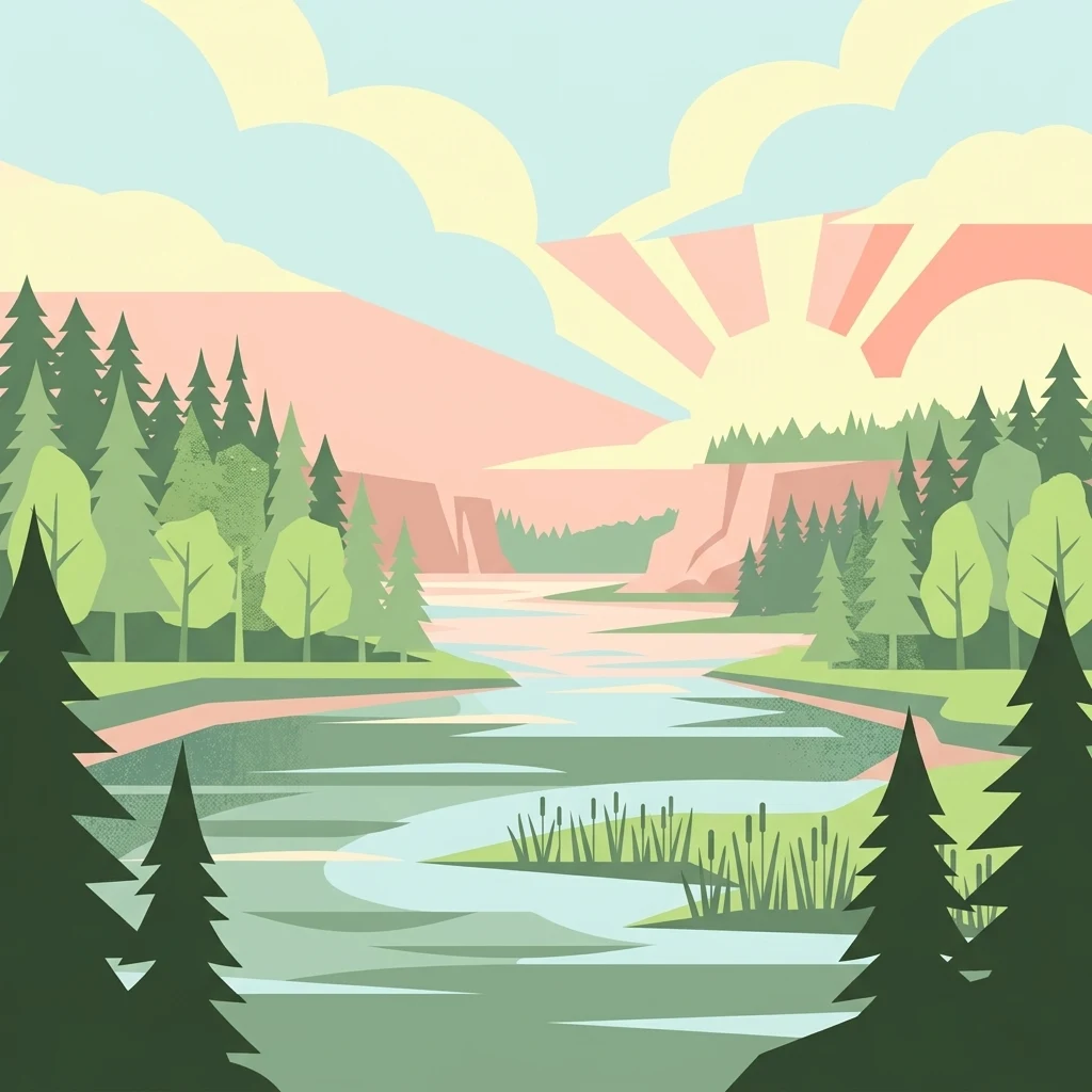 A graphic illustration depicting a winding river surrounded by green coniferous and deciduous forests under a sunrise, with rocky cliffs visible in the distance.