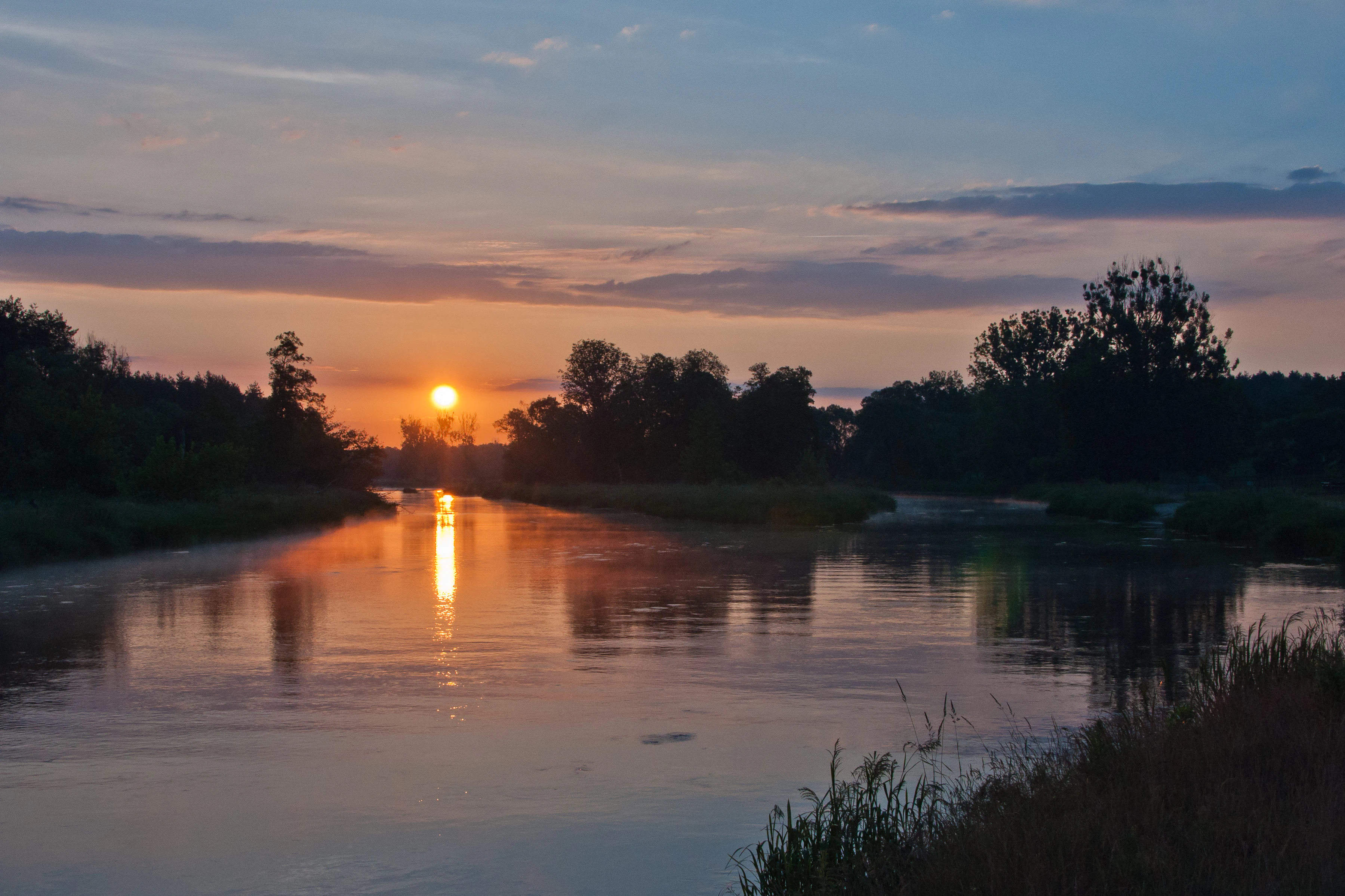 A peaceful river flows through a treelined landscape at sunrise, with the sun casting a reflection on the calm water surface.