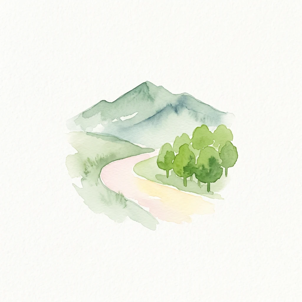 Ilustración en acuarela de un camino sinuoso a través de un paisaje boscoso con montañas al fondo