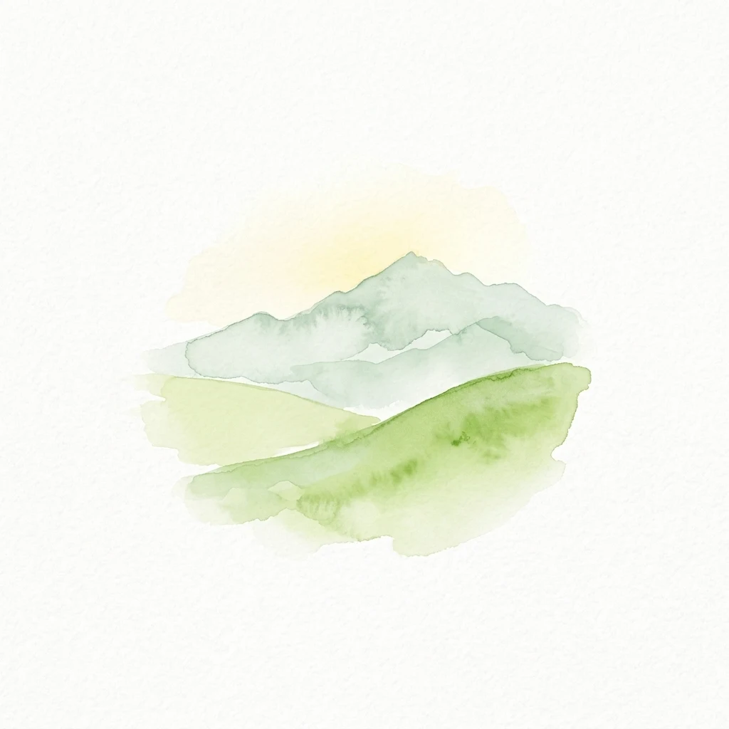Ilustración en acuarela que muestra colinas verdes y montañas azules contra un cielo amarillo