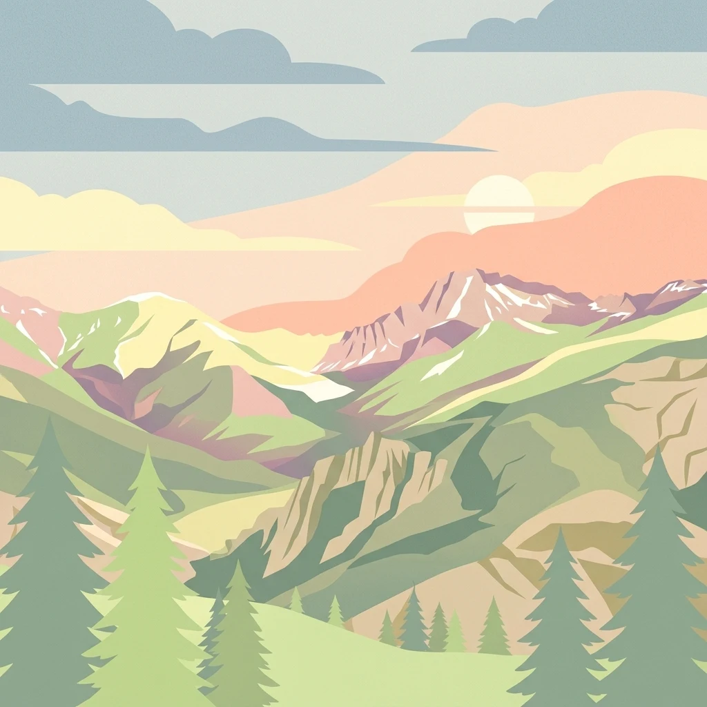 Ilustración de un paisaje montañoso con pinos y un cielo al atardecer