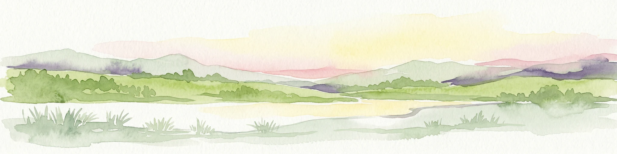Ilustración acuarela de un paisaje montañoso con campos verdes, un río y un cielo al atardecer