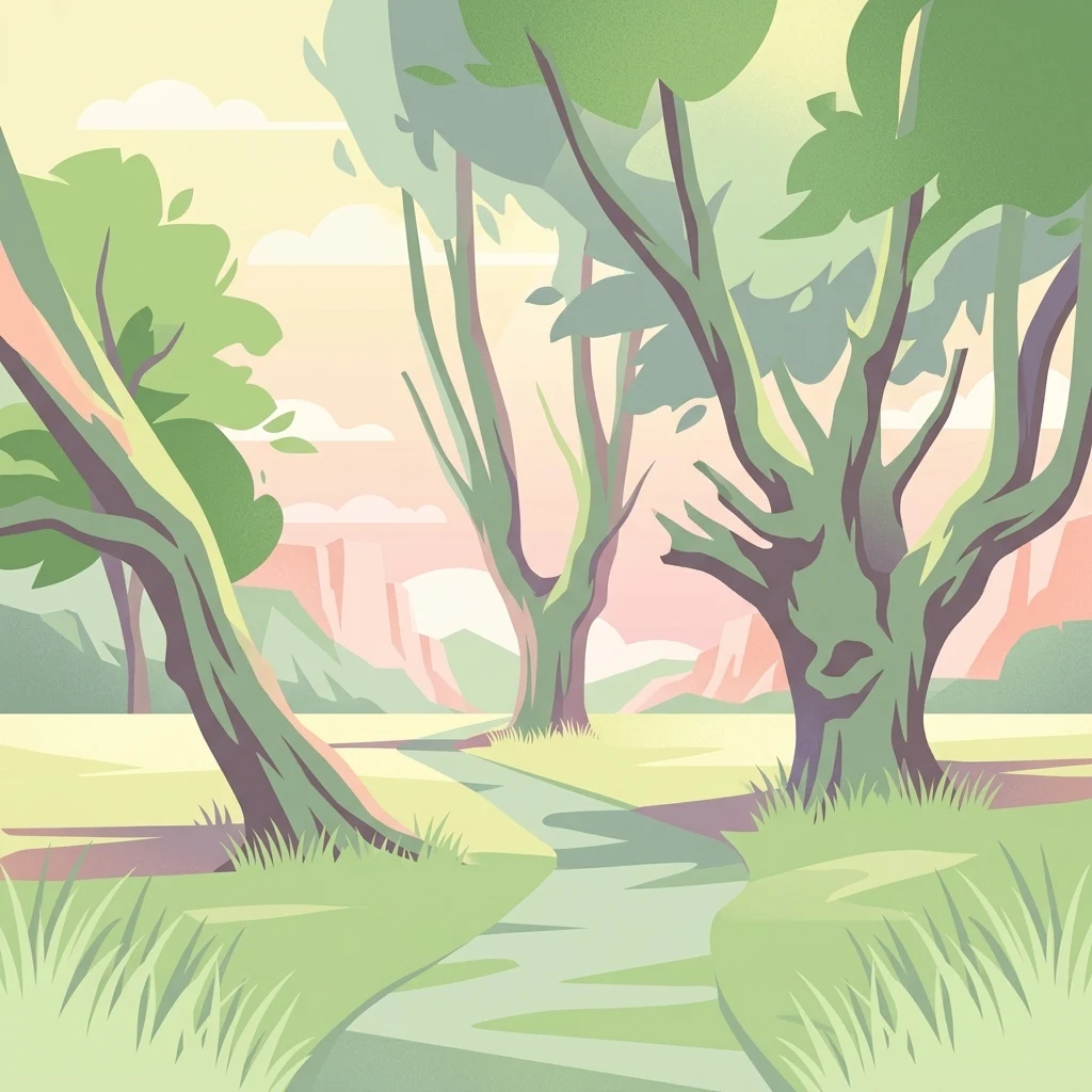 A stylized digital illustration of a green, sunlit valley with thick-trunked willow trees and a winding path leading toward distant hills.