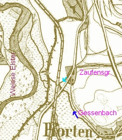 Un detalle de mapa topográfico vintage que muestra los sistemas fluviales del Zaufensgraben, el Gessenbach y el Weisse Elster, con anotaciones manuscritas que marcan sus ubicaciones.