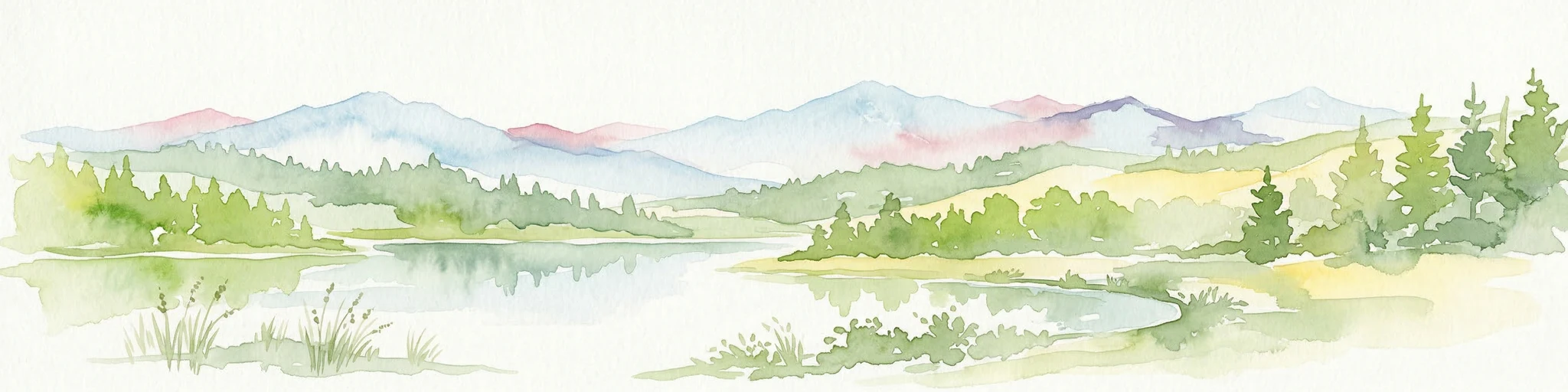 Ilustración en acuarela de un lago rodeado de bosques y montañas bajo un cielo claro