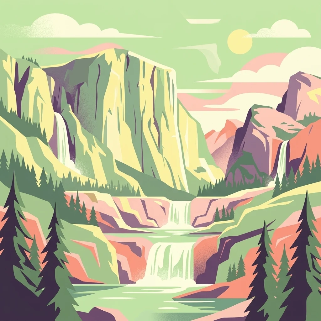 A stylized, flat-design illustration of a mountain valley with waterfalls, pine trees, and soft-colored cliffs under a pale sky.