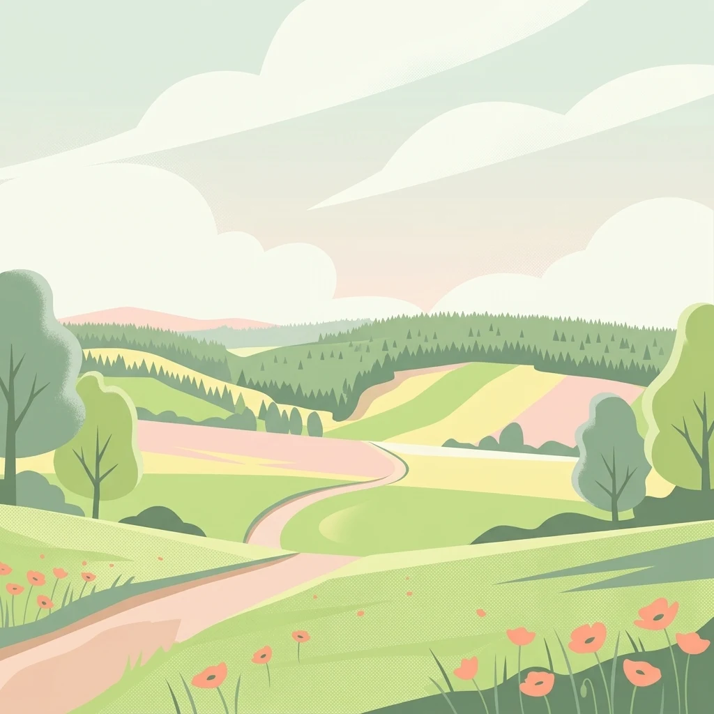 Una ilustración plana estilizada de un paisaje verde ondulado con un sendero de tierra serpenteante, árboles dispersos y pequeñas flores rojas en primer plano contra un cielo nublado.
