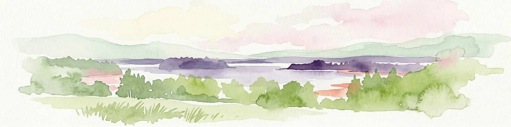 Pintura acuarela que muestra colinas onduladas, un lago y bosques verdes bajo un cielo suave