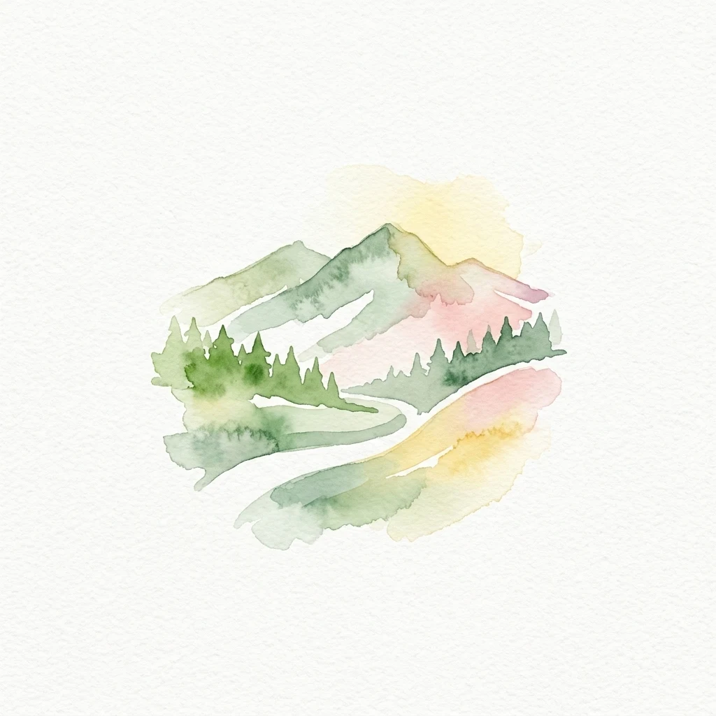 A watercolor illustration showing green mountains, a pine forest, and a winding path under a soft yellow sun on a white background.