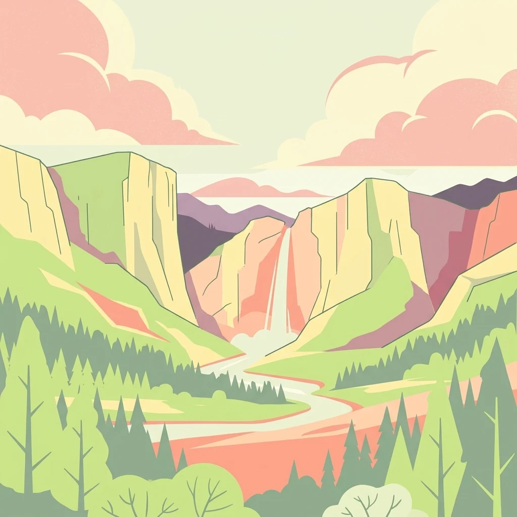 Stylized vector illustration of a mountain valley with a winding river, green pine forests, and pink clouds in the sky.
