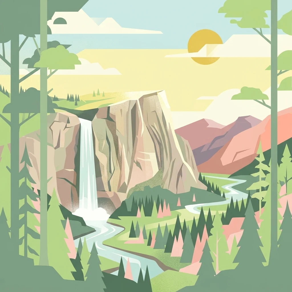 A flat-style digital illustration showing a forest valley with a waterfall cascading from a high rock cliff, mountains in the distance, and pine trees in the foreground.