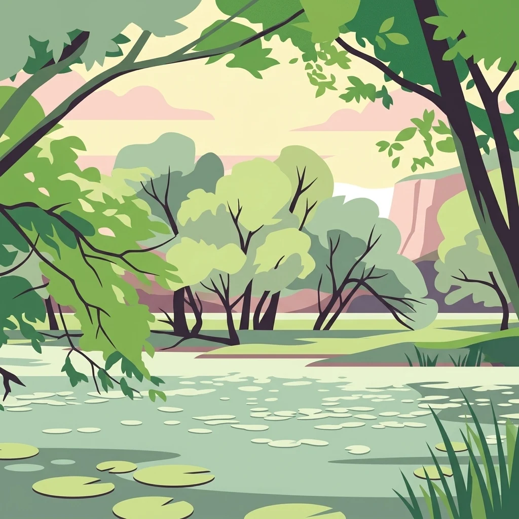 A stylized flat-design illustration of a tranquil river or pond scene with lily pads in the foreground, surrounded by lush green trees and soft-colored sky.