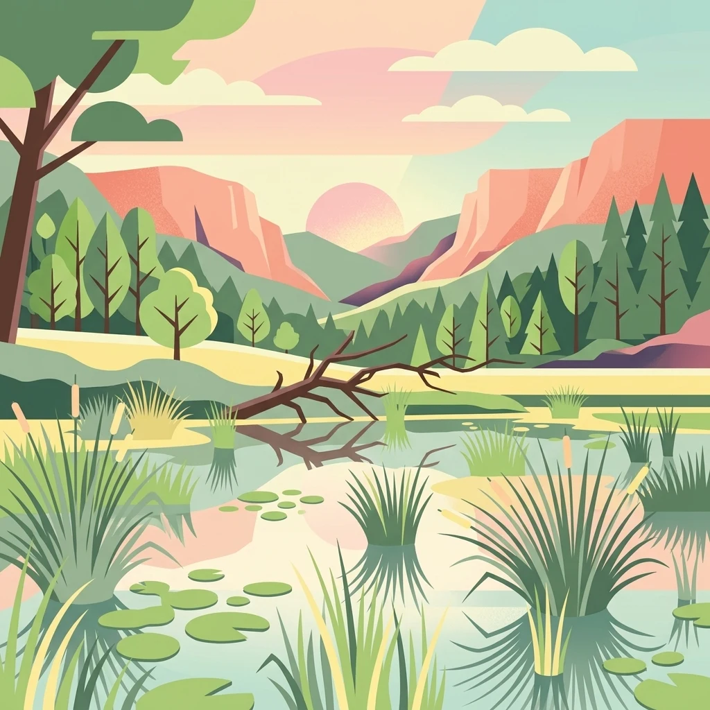 A stylized vector-style illustration of a marshy wetland with water, reeds, and water lilies in the foreground, leading to a forest and rolling hills under a sunset.