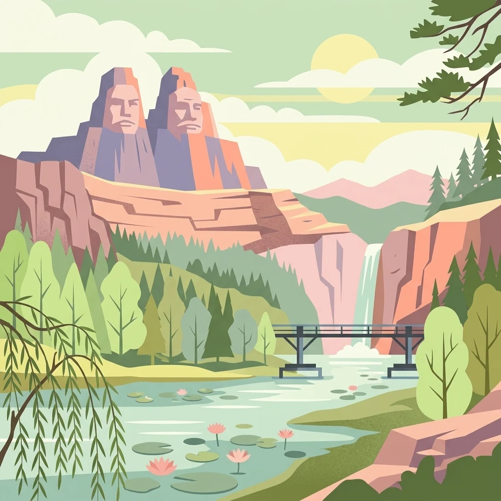 An illustration in a flat design style depicting a river with lily pads, a waterfall, a bridge, a forest, and a mountain range with two large, carved human faces resembling mountain monuments.