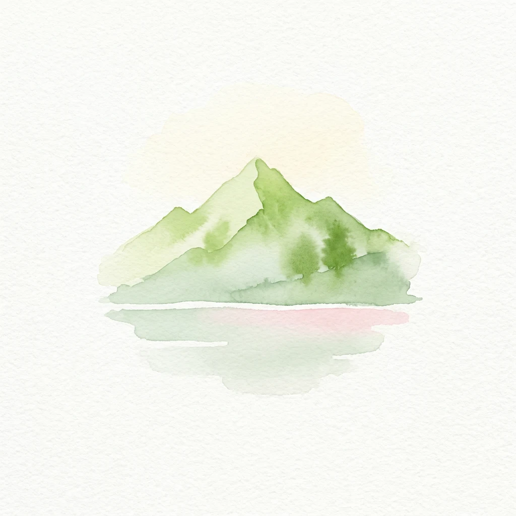 Watercolor painting of a mountain with green slopes, trees, and a reflective lake