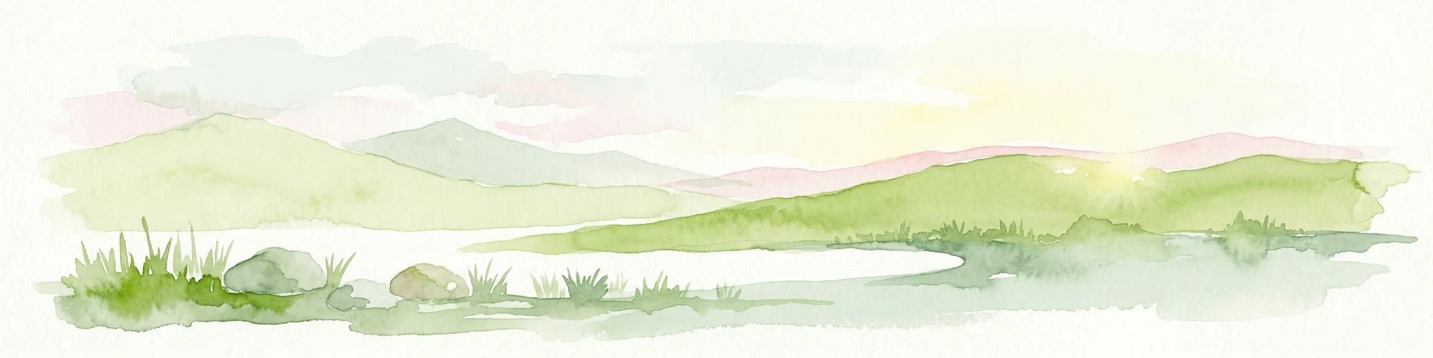 Pintura de acuarela que representa una cordillera, un lago y un primer plano herbáceo bajo un cielo pálido