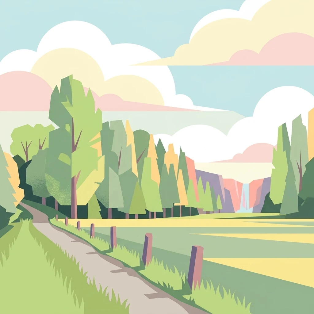 Una ilustración de estilo vectorial y diseño plano de un paisaje de parque con un sendero serpenteante junto a una valla, una hilera de árboles y una cascada al fondo bajo un cielo nublado.