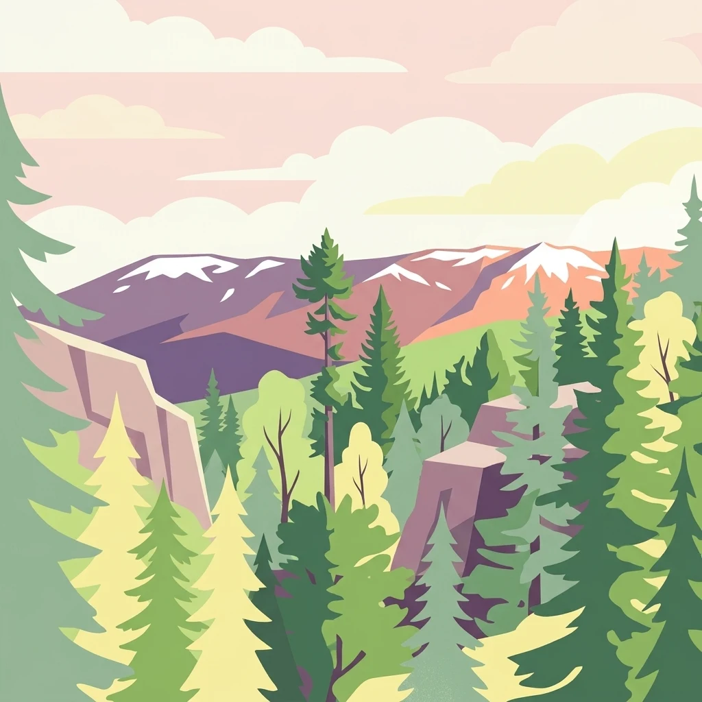 Una ilustración de una cadena montañosa con picos nevados que se elevan sobre un denso bosque de coníferas, representada en un estilo de arte vectorial plano con colores pastel suaves.