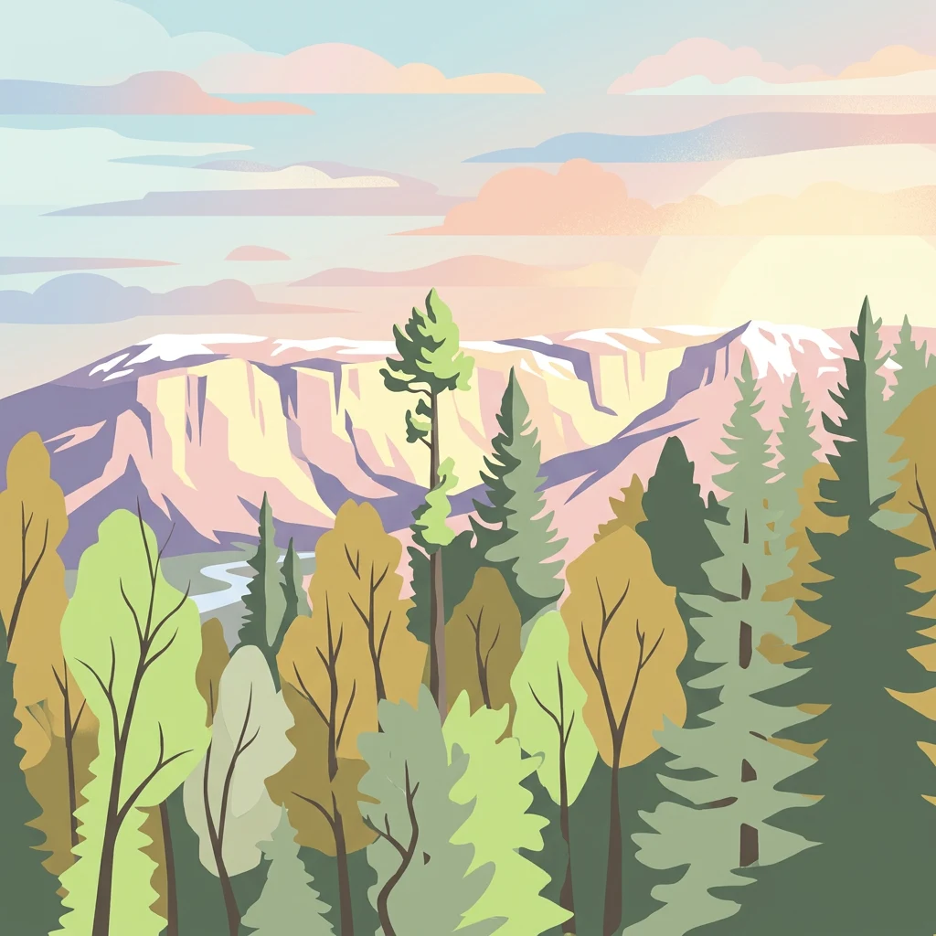 Ilustración estilizada de un paisaje montañoso con bosques de pinos, prados alpinos y picos nevados bajo un cielo pastel