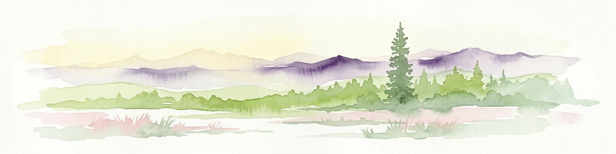 Ilustración acuarela de una cordillera con picos morados, colinas verdes, un único pino alto y vegetación rosada en primer plano