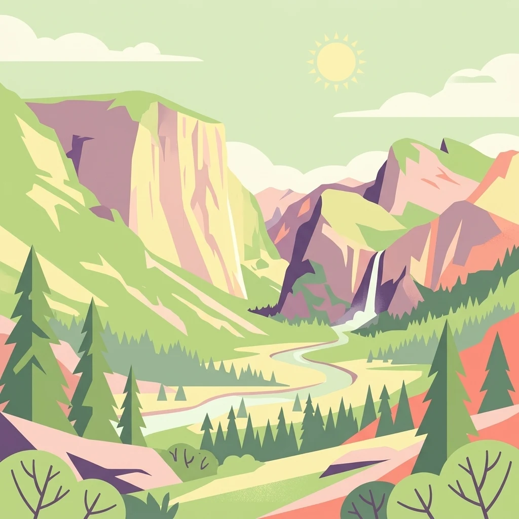 A flat-style digital illustration of a mountain valley featuring pine forests, a winding stream, a waterfall, and a bright sun in a clear sky.