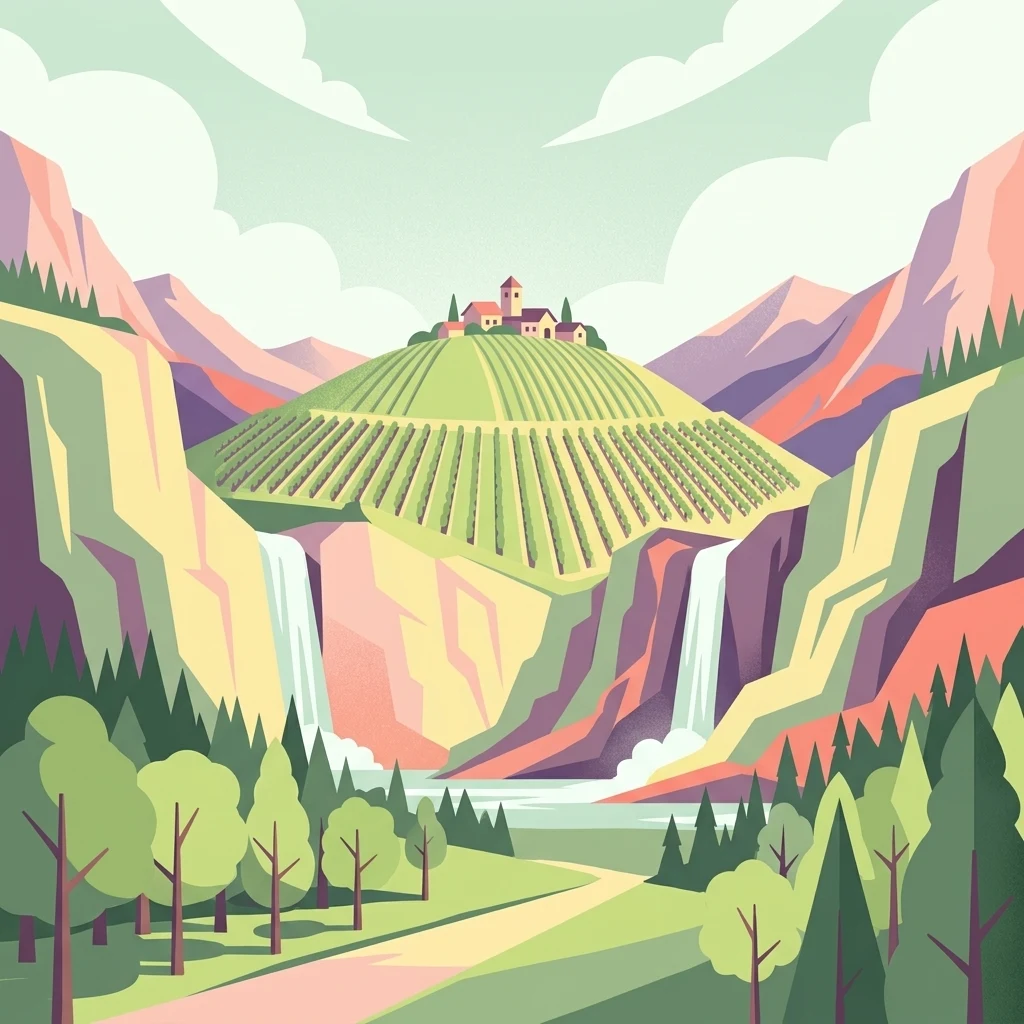 Una ilustración vectorial plana y colorida que muestra una colina central cubierta de viñedos en terrazas, rodeada de espectaculares acantilados rocosos, cascadas gemelas, un valle boscoso y una pequeña aldea en la cima de una colina bajo un cielo suave.