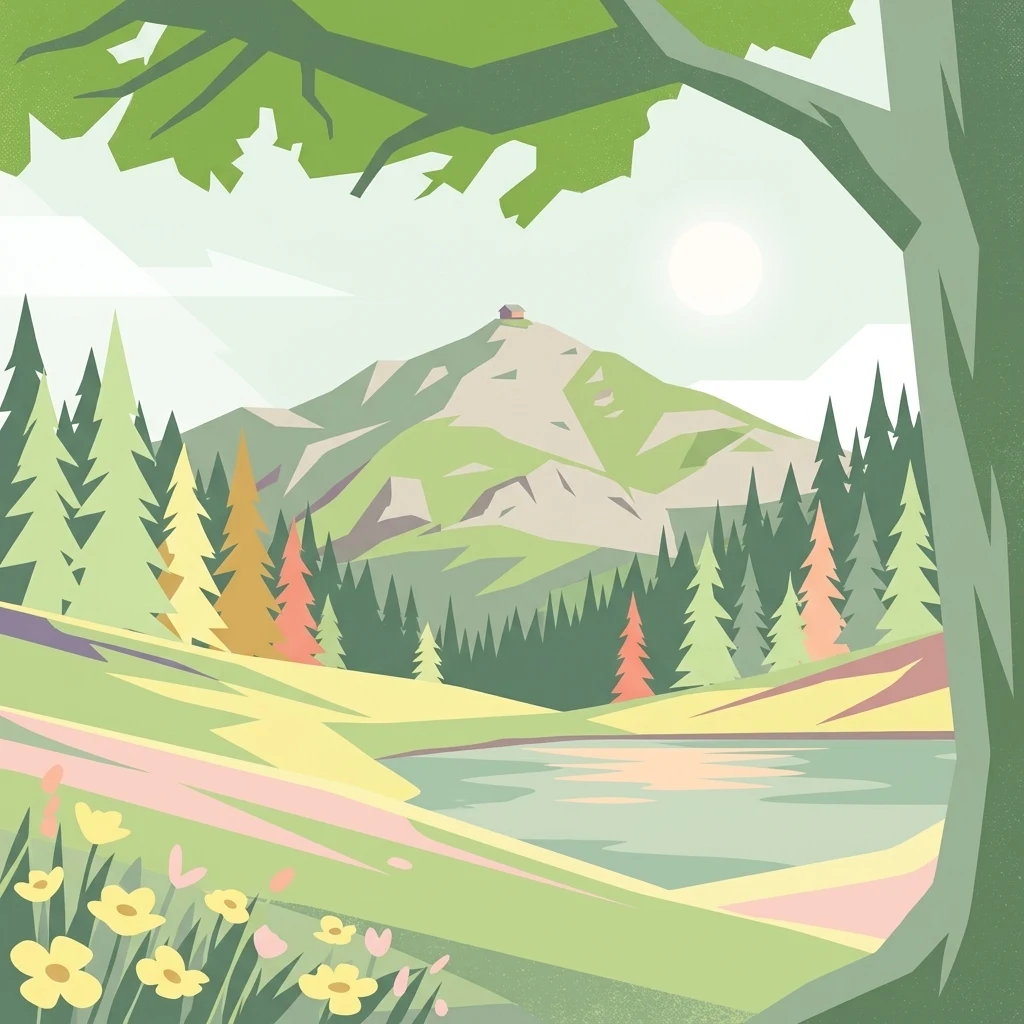 A graphic illustration of Zirbitzkogel, showing yellow wildflowers in the foreground, a lake and pine forest in the midground, and a mountain peak with a small structure on top in the background.