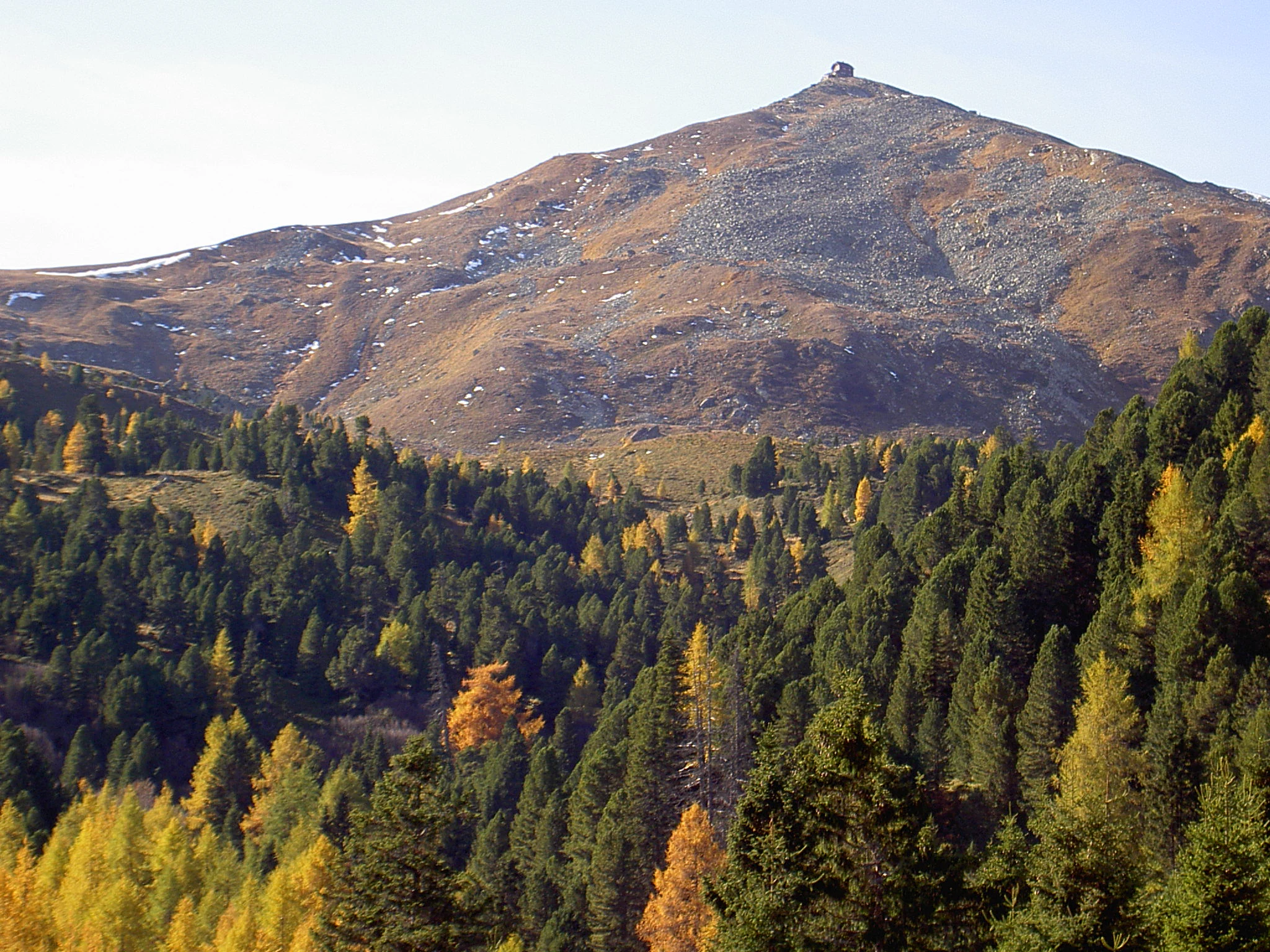 A mountain peak with a small building on top rises above a dense forest of evergreen and golden yellow larch trees.