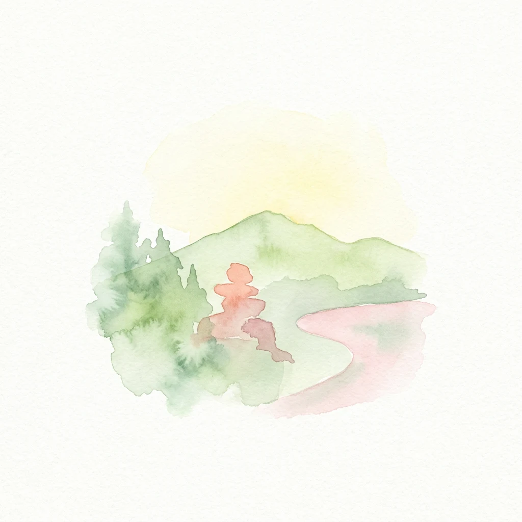 Ilustración de acuarela que muestra montañas verdes, árboles, un río rosa y rocas apiladas bajo un cielo amarillo