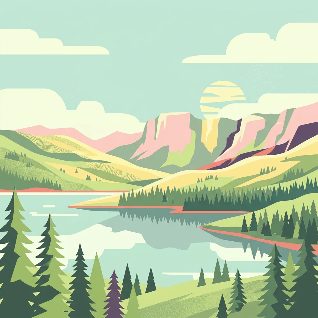 Colorful illustration of a mountainous landscape with lake, forests, and mountains under a sky with clouds