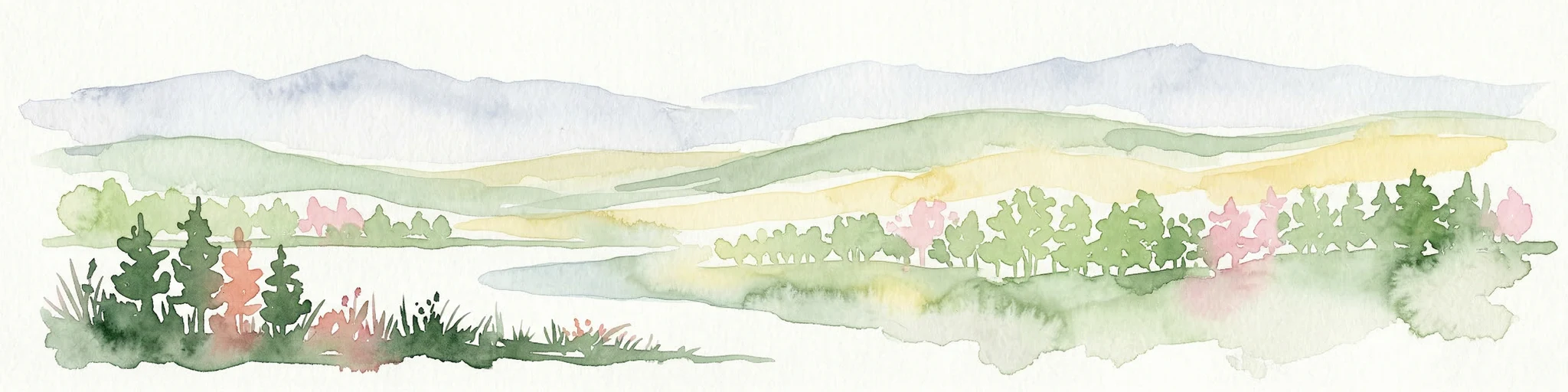 Ilustración en acuarela que muestra colinas onduladas, un río, árboles y montañas distantes